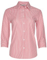 A women's button-up shirt with a red and white stripe pattern and 3/4 sleeves. Features a collar and buttons.