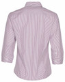 A women's button-up shirt featuring red and white stripes with 3/4 sleeves and a collar, displaying a plain back view.