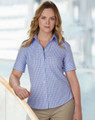 A fitted women's short-sleeve button-up shirt in red and white gingham check pattern, featuring a logo.