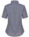 A women's short-sleeve button-up shirt featuring a navy and white gingham check pattern, with a fitted design and collar.