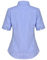 A blue and white gingham check short-sleeved button-up shirt with a fitted silhouette and collar.