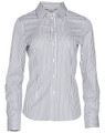 A women's long-sleeve button-up shirt featuring a blue and white sateen stripe pattern. The shirt has a collar and a logo.