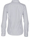 A back view of a women's long-sleeve button-up shirt featuring a blue and white sateen stripe pattern.