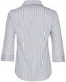 A white and navy striped women's 3/4 sleeve button-up shirt with a collar. Features a logo on the label.