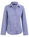 A blue and white two-tone check long-sleeve button-up shirt with a collar and a logo on the label.