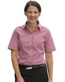A short-sleeved women's button-up shirt featuring a red and white gingham check pattern. The shirt has a collar and a logo.