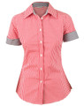 A red gingham check button-up shirt with short sleeves and a black and white checked collar. Features a logo.