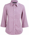 A red and white two-tone mini check button-up shirt with 3/4 sleeves and a collar. It features a logo at the neckline.