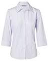A light blue women's button-up shirt with 3/4 sleeves, featuring a collar and a logo.
