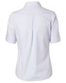 A light blue women's button-up shirt featuring short sleeves and a back pleat, with a logo on the label.
