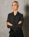 A black ladies' button-up shirt with a pin dot pattern and long sleeves, featuring a logo.