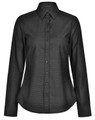 A black pin dot stretch long sleeve shirt with a button-up front and a collar. It features a logo on the label.