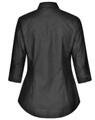 A black ladies' button-up shirt with a pin dot pattern and 3/4 sleeves, featuring a curved hem and a back yoke.