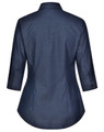 A navy blue ladies' button-up shirt with a pin dot pattern and 3/4 sleeves, featuring a collar and back yoke.