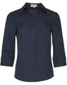 A dark navy women's 3/4 sleeve shirt with a collared neck and button front, featuring a logo on the label.