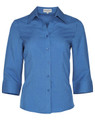 A blue women's 3/4 sleeve shirt with a collar and button-up front, featuring a logo on the chest.