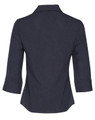A dark navy women's 3/4 sleeve shirt featuring a collared design and rolled sleeves, with a logo on the back.