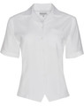 A white women's short sleeve overblouse with a button front and a pocket, featuring a logo.