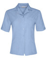 A light blue short sleeve overblouse with a collar and one chest pocket, featuring a logo.