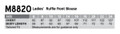 A size chart for the Women's Ruffle Front Blouse, detailing chest measurements and body lengths in various sizes.