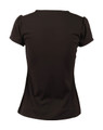 A black women's blouse with ruffle front detail and short sleeves, featuring a fitted silhouette from the back.