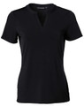 A black Ladies' V-neck with Tab S/S Knit Top featuring short sleeves and a subtle logo.