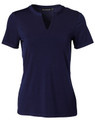 A navy blue ladies' V-neck short sleeve knit top with a tab detail and a logo.