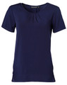 A navy ladies' round neck knit top featuring pleats and short sleeves, with a logo on the neckline.