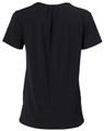 A black round neck short-sleeve knit top featuring pleats at the back and a logo.