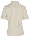 A beige women's short sleeve military shirt with a button-up design and rolled sleeves, featuring a logo.