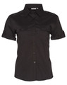A women's short sleeve military shirt in black, featuring button-up front and two chest pockets. It has a logo.