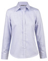 A light blue ladies' button-up shirt with long sleeves and a collared neckline, featuring a logo.