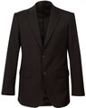 A black wool stretch blazer featuring two buttons and side pockets, with a sleek and tailored design.