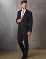 A men's poly/viscose stretch jacket in black, paired with a white shirt and pink tie, set against a textured backdrop.