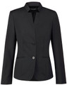 A black wool blend stretch reverse lapel jacket with two buttons and side pockets, featuring a brand logo.