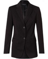 A black mid-length jacket with two buttons and a fitted design. Features pockets and a logo on the label.