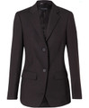 A black mid-length women's jacket with two buttons and a tailored design, featuring pockets and a single vent.
