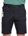 Men's utility cargo shorts in black featuring side pockets and a logo on the waistband. Suitable for various activities.