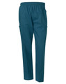 Unisex scrub pants in teal, featuring an elastic waistband and side pockets. Includes a logo on the garment.