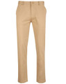 Men's chino pants in a light beige colour, featuring a button closure and pockets, with a branded logo.