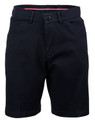 A pair of navy ladies' stretch cotton chino shorts with a button closure and pockets, featuring a branded logo.