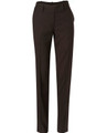 Women's low rise pants in dark brown poly/viscose stretch fabric, featuring a sleek design and a branded tag.