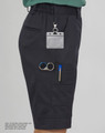 A pair of black ladies' utility cargo shorts featuring multiple pockets and a logo. Accessories are not included.