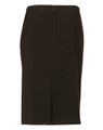 A women's mid-length lined pencil skirt in dark brown poly/viscose stretch stripe with a back zipper.