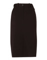 A women's A-line utility skirt in dark brown, featuring a waistband and pockets, made from poly/viscose stretch twill.