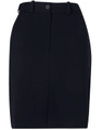 A black utility skirt featuring a fitted design, button closure, and pockets, with a logo on the waistband.