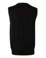 A black men's 100% Merino wool V-neck vest, featuring a sleeveless design and a fitted bottom.