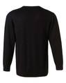 A black men's 100% Merino wool V-neck long sleeve sweater, featuring a simple design and fitted silhouette.