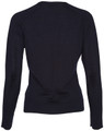 A women's long-sleeve cardigan in dark navy, made from 100% merino wool, featuring ribbed cuffs and hem.