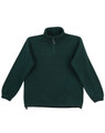A unisex polar fleece jumper in dark green with long sleeves and a zippered collar, featuring a logo.